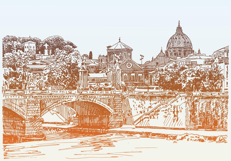 Schizzo originale del tipo di ponte del paesaggio urbano di Roma Italia