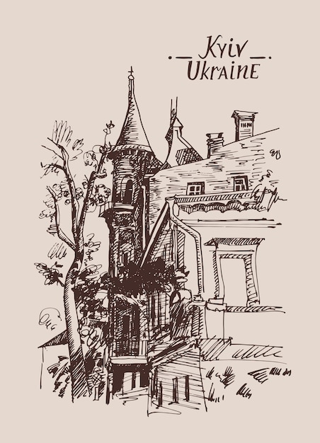 Schizzo originale disegno di edificio storico dal punto di riferimento di Kiev Ucraina, illustrazione vettoriale
