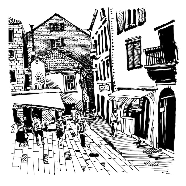 Schizzo originale in bianco e nero disegno della cartolina turistica vintage di Kotor street Montenegro
