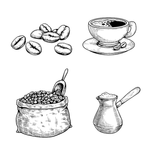 Schizzo set da caffè. Chicchi di caffè e borsa con cucchiaio, tazza di caffè, caffettiera turca cezve. Illustrazioni disegnate a mano. Isolato