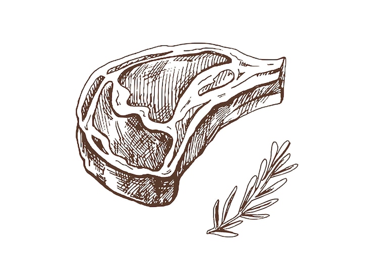Vettore schizzo vettoriale disegnato a mano di pezzo di carne di bistecca di manzo alla griglia con rosmarino per il menu dei caffè