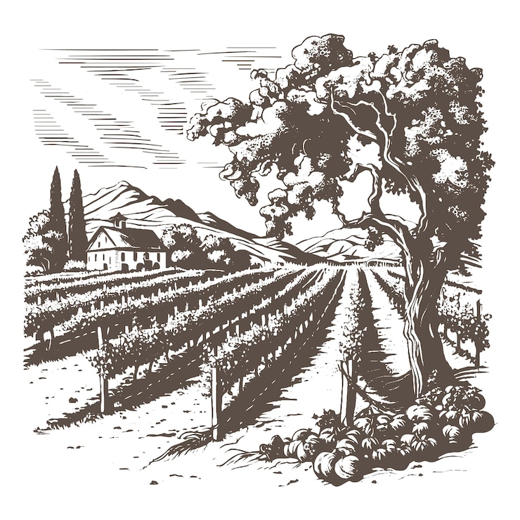Vettore schizzo vettoriale paesaggio vigneto illustrazione disegnata a mano