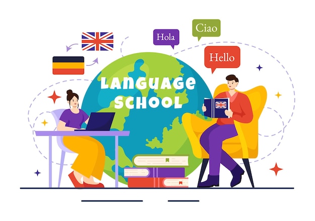 School Language Vector Illustration of Training Program and Study Hello Lingue straniere all'estero