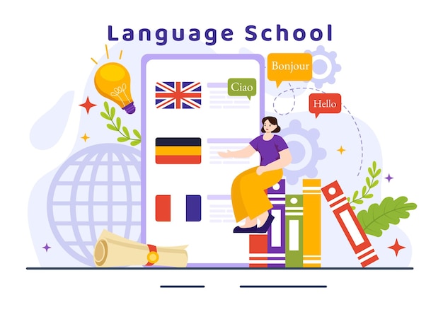 School Language Vector Illustration of Training Program and Study Hello Lingue straniere all'estero