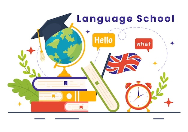 School Language Vector Illustration of Training Program and Study Hello Lingue straniere all'estero