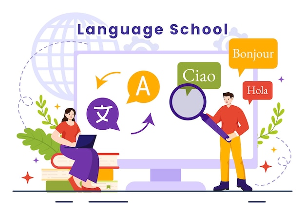 School Language Vector Illustration of Training Program and Study Hello Lingue straniere all'estero