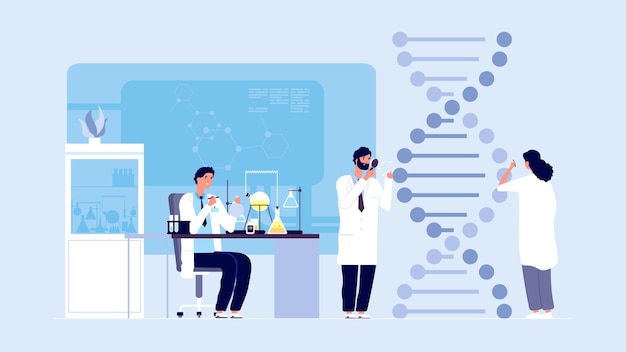 Scienza genetica. Ricerca di laboratorio di molecole di DNA, informazioni sulla struttura del gene