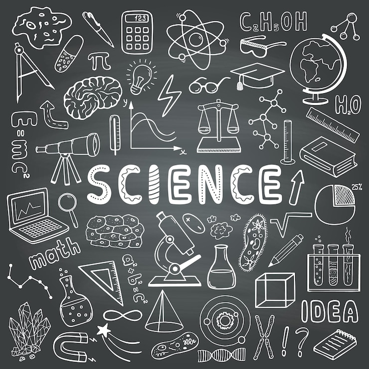 Vettore scienza insieme di elementi di stile doodle disegnato a mano di vettore sulla lavagna della scuola