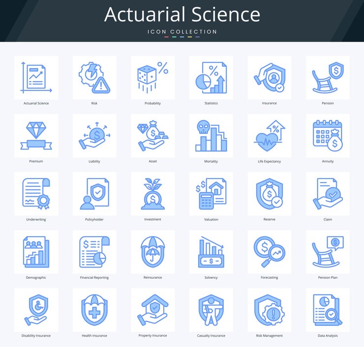 Scienze attuariali pacchetto di icone blu lineare per lo studio di valutazione dei rischi e le statistiche