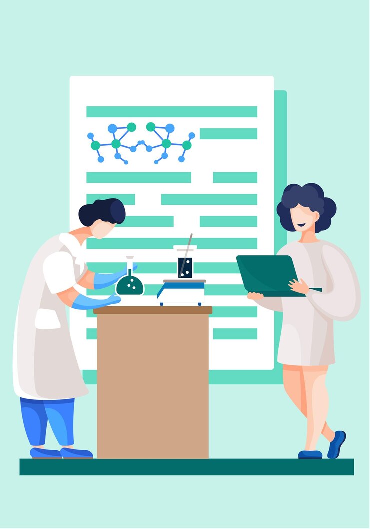 Vettore scienziati in laboratorio persone in camice bianco lavorano con un microscopio e una provetta ricercatori chimici con attrezzature di laboratorio illustrazione di un esperimento scientifico nel concetto di assistenza sanitaria di laboratorio