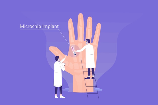 Scienziati o specialisti che impiantano un microchip biometrico all'interno di una mano enorme