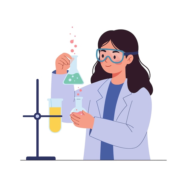 Scienziato che conduce esperimenti con liquidi colorati in laboratorio con disegno vettoriale piatto