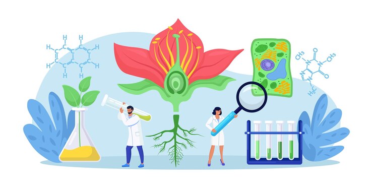 Vettore scienziato che esplora la natura botanica microbiologia biologia laboratorio di ricerca scientifica scienziati effettuano analisi di laboratorio del sistema vitale organismi viventi cellula vegetale ingegneria molecolare bioingegneria