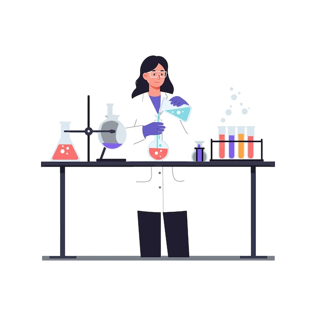Scienziato in camicetta da laboratorio che conduce esperimenti con liquidi colorati arte vettoriale piatta