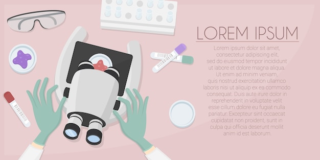 Scienziato nel banner sul posto di lavoro del laboratorio. Ricerca di laboratorio in ospedale. Illustrazione