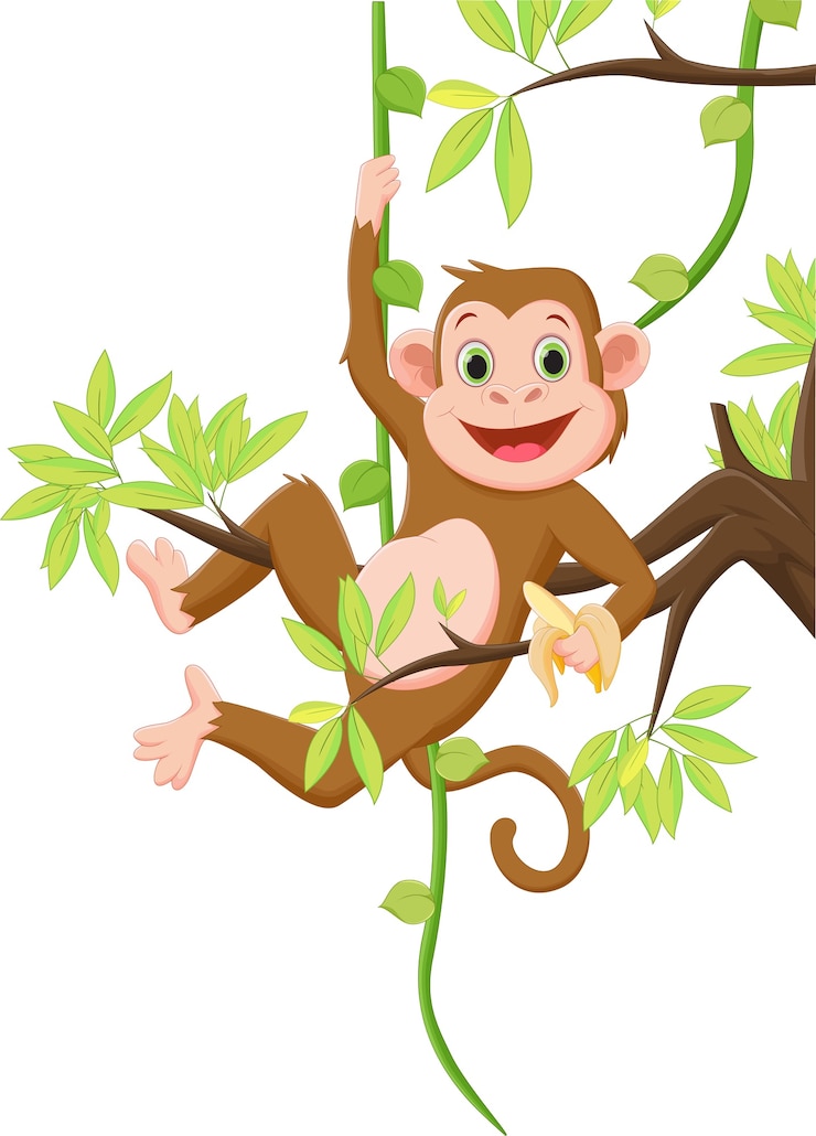 Vettore scimmia carina appesa a un albero e tenendo la banana
