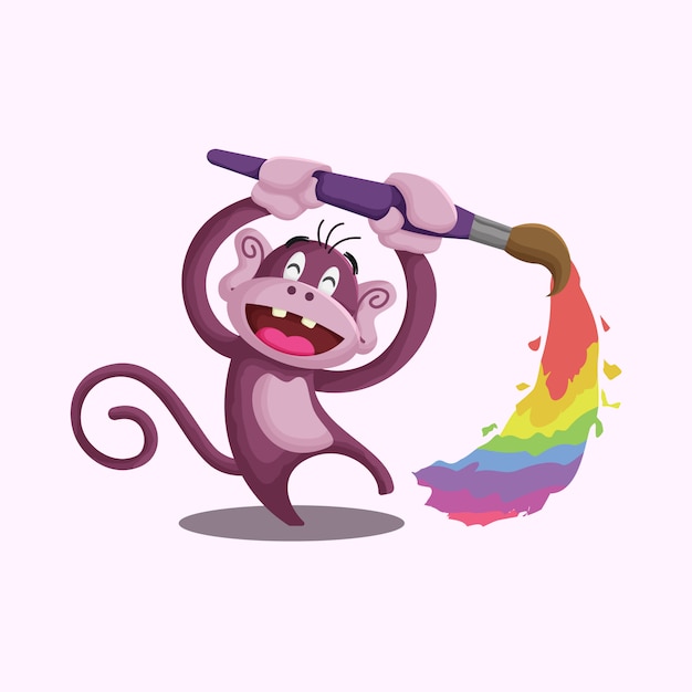 Scimmia giocosa del fumetto che dipinge un'illustrazione dell'arcobaleno