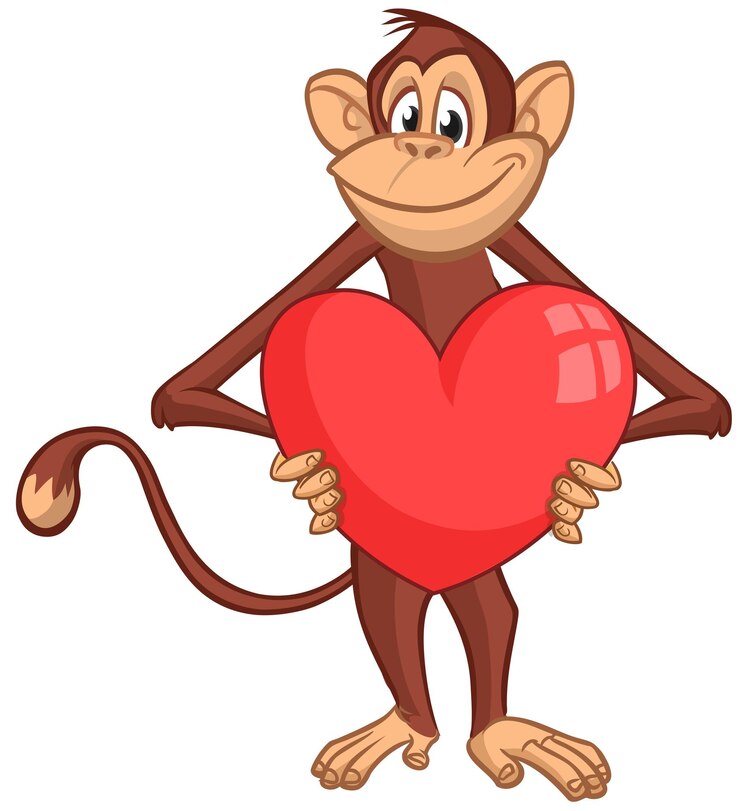 Vettore scimpanzé di scimmia del fumetto che tiene grande cuore illustrazione di san valentino