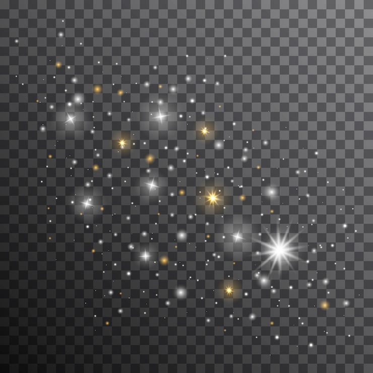 Vettore scintille bianche scintillano effetto luce speciale. scintille vettoriali su sfondo trasparente. particelle di polvere magica scintillante. flash natalizio