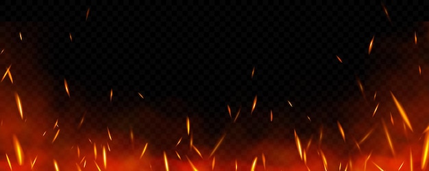 Scintille di fuoco realistiche su sfondo trasparente Illustrazione vettoriale di particelle in fiamme e fumo che sale nell'aria