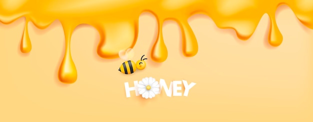 Sciroppo di miele che scorre dalla parte superiore dell'icona dell'illustrazione dell'ape dello schermo e testo del miele fatto di appiccicoso