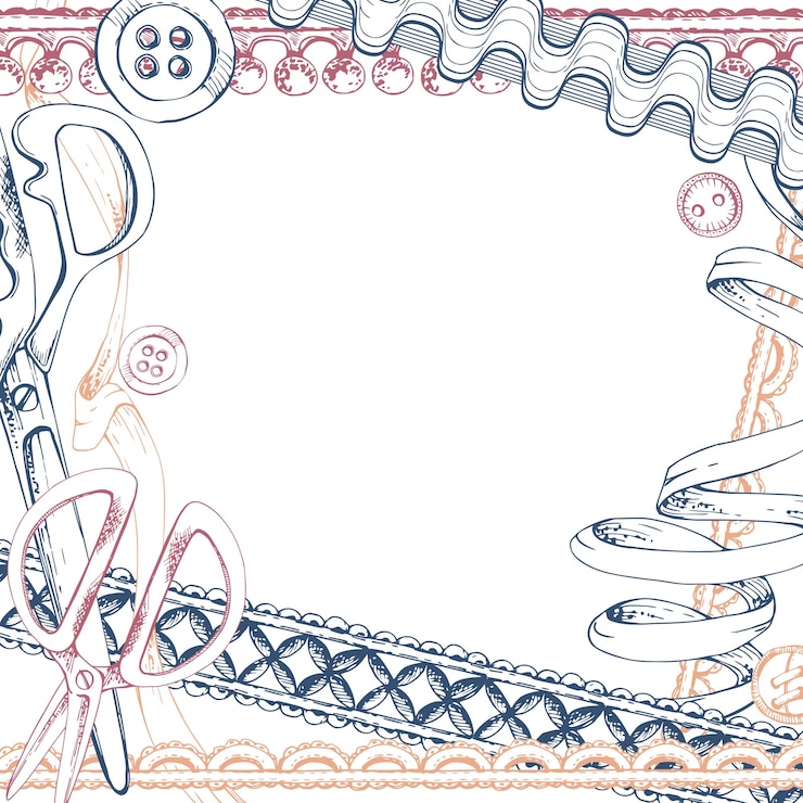 Vettore scissori di tessuto, bottoni di legno, nastro, pizzo, rosso, indaco, beige, illustrazione vettoriale a inchiostro disegnata a mano