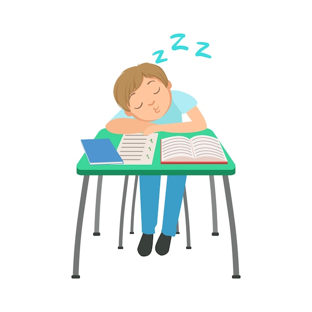 Scolaro seduto dietro la scrivania nella classe scolastica che dorme sui quaderni illustrazione parte di studiosi che studiano la raccolta vettoriale