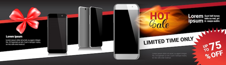 Vettore sconti orizzontali dell'insegna del modello di vendita di black friday sugli smart phone moderni