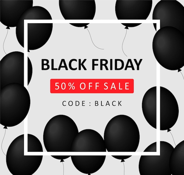 Sconto del banner di vendita del Black Friday del 50% sul prezzo. Palline nere con cornice bianca su sfondo grigio con il testo Black Friday. Illustrazione vettoriale EPS 10