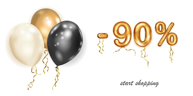 Sconto illustrazione creativa con palloncini volanti in elio bianco nero e oro e numeri in lamina d'oro con uno sconto del 90 percento Poster di vendita con offerta speciale su sfondo bianco