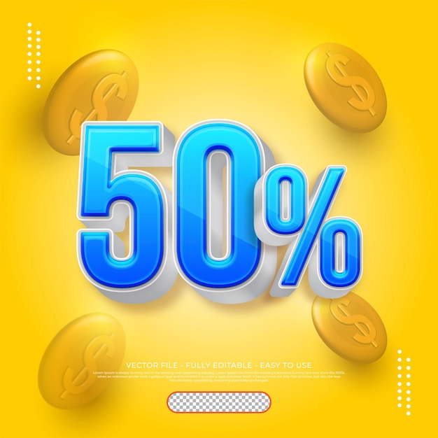 Sconto numero vettoriale 3d 50 per cento con colore blu gradiente trasparente