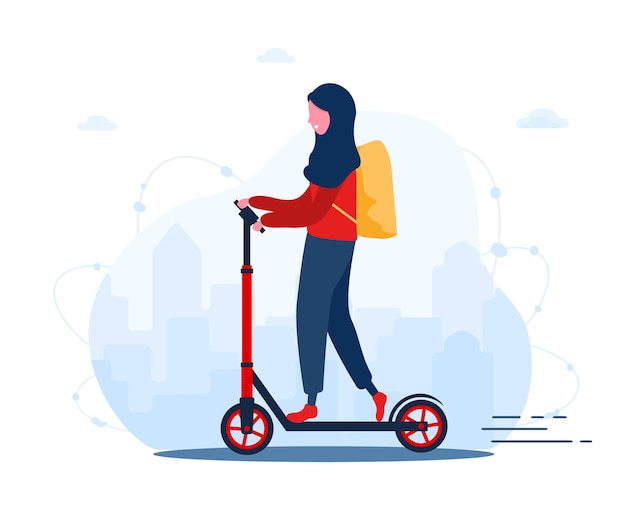 Scooter con corriere donna in design piatto