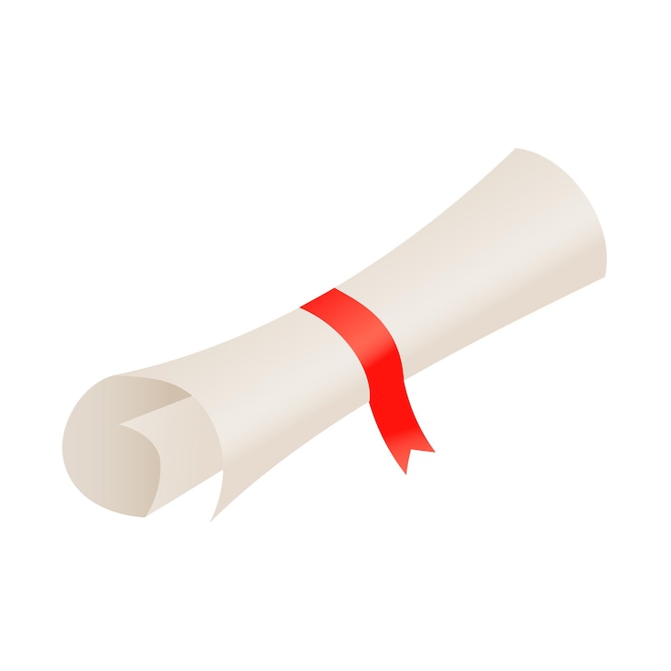 Vettore scorrimento del diploma con fiocco rosso su sfondo bianco isolato carta arrotolata illustrazione vettoriale