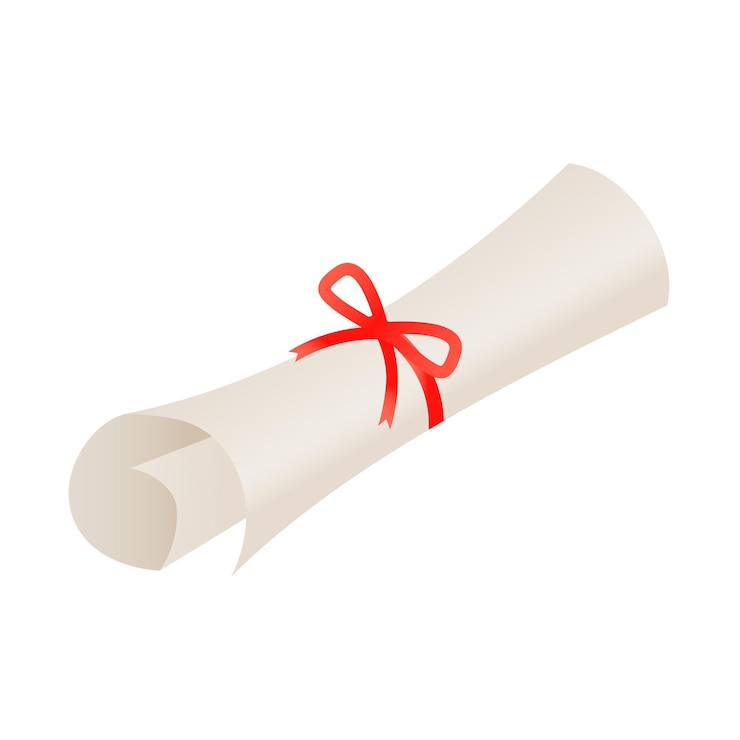 Vettore scorrimento del diploma con fiocco rosso su sfondo bianco isolato carta arrotolata illustrazione vettoriale