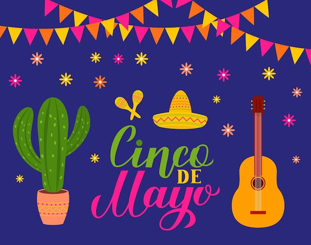 Scritta Cinco De Mayo con Sombrero guitar cactus e maracas Poster di tipografia fiesta messicana Modello vettoriale per invito a una festa biglietto di auguri banner poster volantino ecc