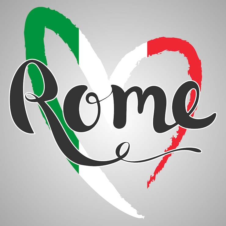 Vettore scritta roma. roma scritta a mano. scritte a mano moderne. illustrazione vettoriale. bandiera d'italia a forma di cuore.