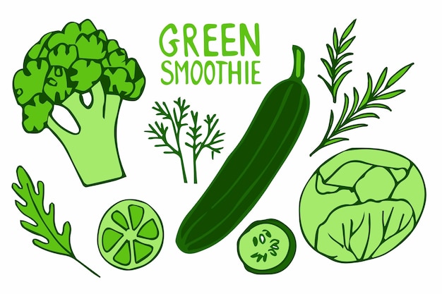 Scritta verde frullato con verdure doodle testo calligrafico scritto a mano ingredienti sani