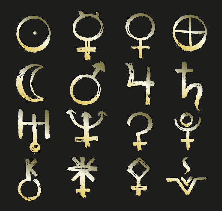 Scritte in oro e icona del pianeta in astrologia Illustrazione vettoriale con segno