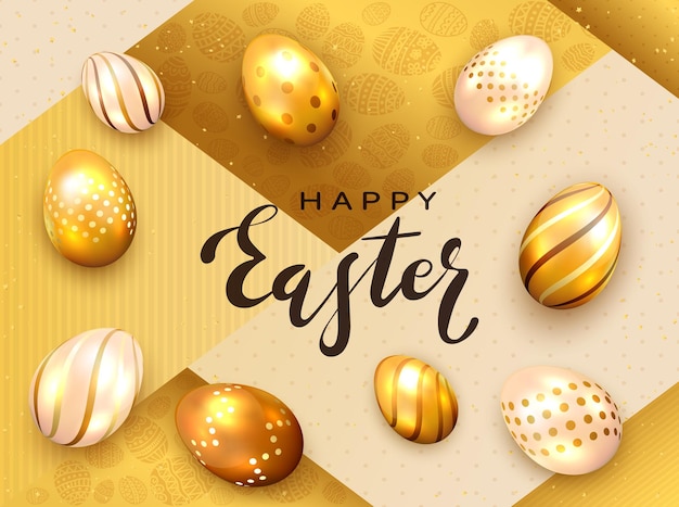 Scritte nere Buona Pasqua con decorazioni natalizie. Uova di Pasqua dorate e coriandoli su fondo oro, illustrazione.