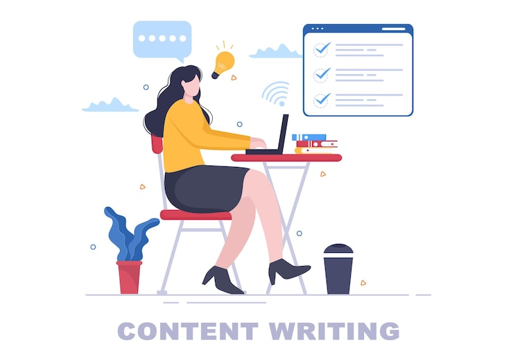 Vettore scrittore di contenuti o giornalista sfondo illustrazione vettoriale per la scrittura di copia, ricerca, idea di sviluppo e romanzo o libro script in stile piatto