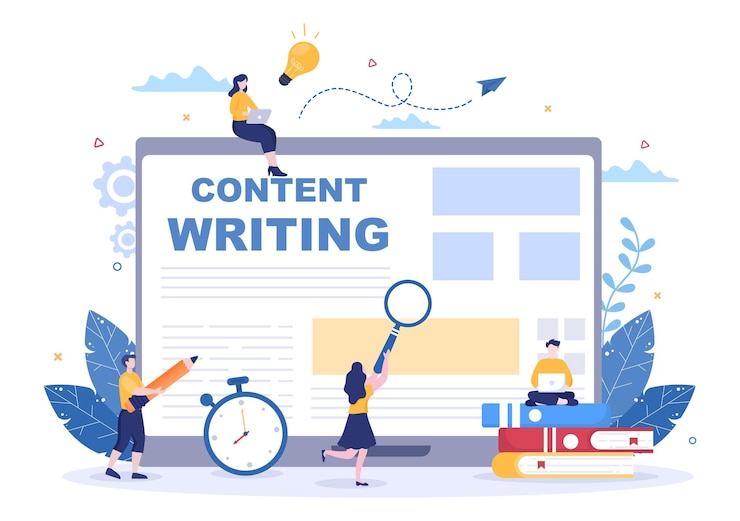 Vettore scrittore di contenuti o giornalista sfondo illustrazione vettoriale per la scrittura di copia, ricerca, idea di sviluppo e romanzo o libro script in stile piatto