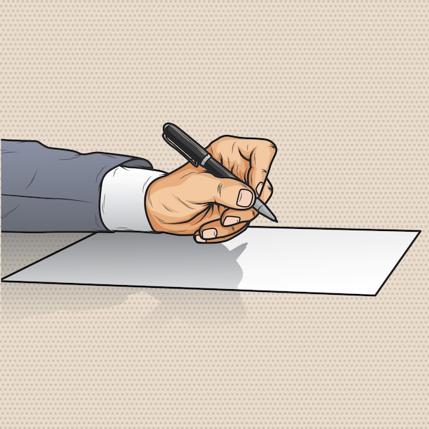 Scrittura della mano dell&#39;uomo d&#39;affari su carta con la penna