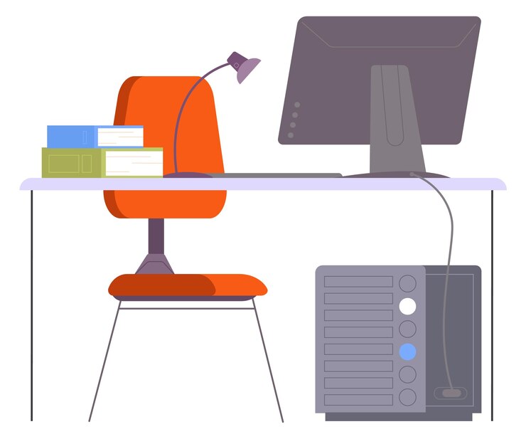 Vettore scrivania con pc e libri posto di lavoro per studenti