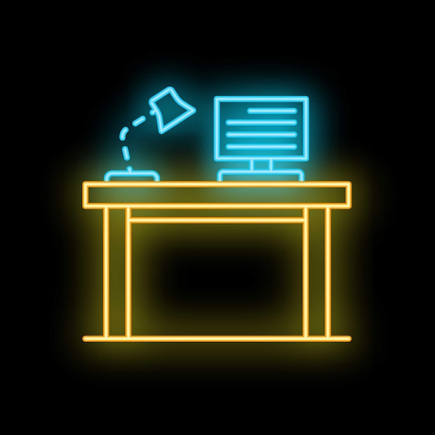 Scrivania da ufficio in neon con computer e lampada su sfondo nero