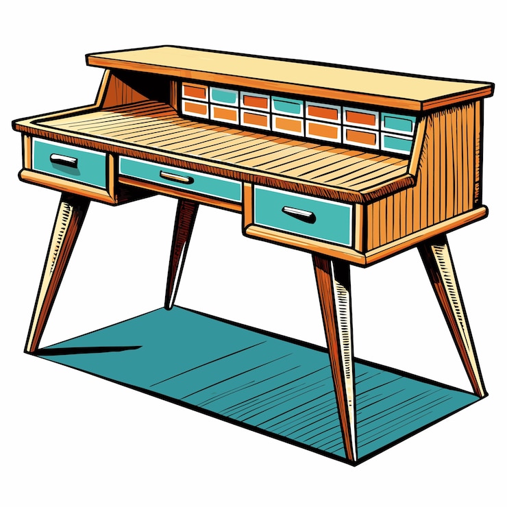 Vettore scrivania in legno retro con cassetti e scaffali mobili moderni vintage di metà secolo