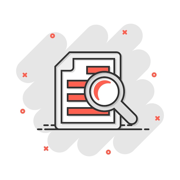 Scrutiny documento icona del piano in stile fumetto Review statement vector cartoon illustration pictogram Documento con ingranditore lupa business concept splash effect