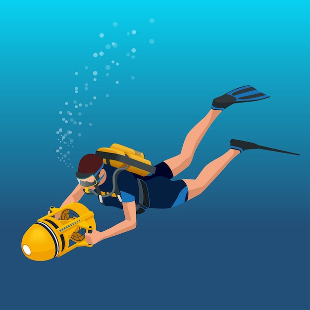 Scuba diverflat illustrazione isometrica Subacqueo subacqueo isolato e scuba diver isolato sport subacqueo estremo. Tempo libero per le vacanze di attività sportive acquatiche
