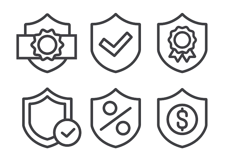 Vettore scudi proteggono i logo di sicurezza icone isolate set illustrazione di design grafico piatto vettoriale