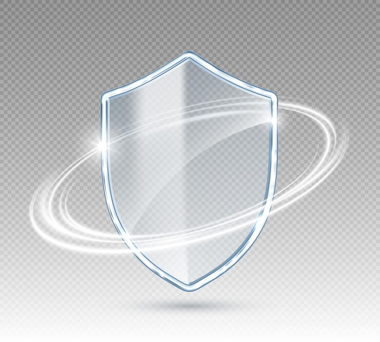 Vettore scudo di protezione in vetro trasparente 3d con effetto luminoso bianco segnale di sicurezza concetto di sicurezza