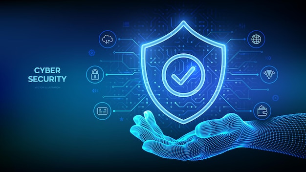Scudo di sicurezza Sicurezza informatica Scudo di protezione con icona di spunta nella mano del wireframe Protezione dei dati informativi Idea di privacy Sicurezza della rete Modello di scheda di circuito Illustrazione vettoriale